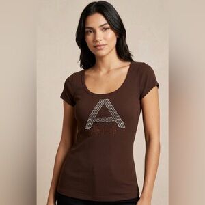 Armani Exchange Y2K Brown Ribbed Top – Rhinestone Logo – Size XS-S (Stretch)